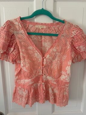 LoveShackFancy Coral Lace Trim V-Neck Blouse